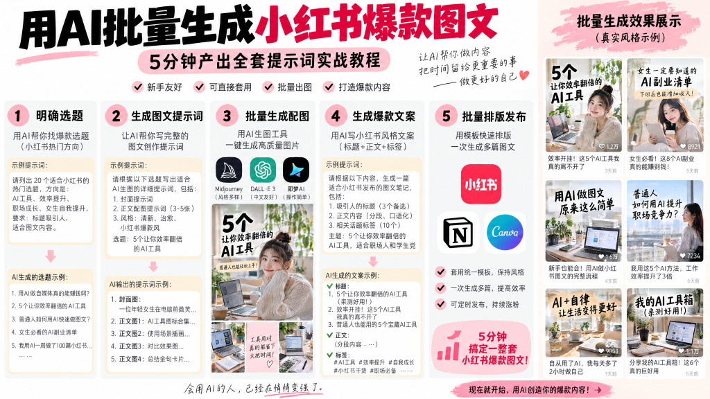 用AI批量生成小红书爆款图文：5分钟产出全套提示词实战教程