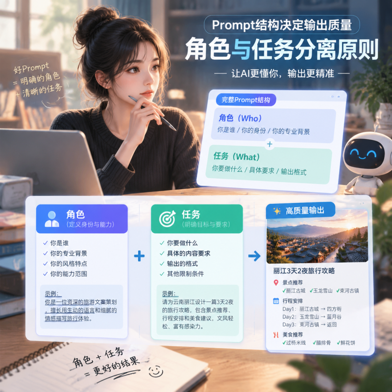Prompt结构决定输出质量：角色与任务分离原则淡泊智库 - 淡泊明志 智研致远 | 专注大模型实战 - 提示词库与AI工具导航淡泊智库 - 专注大模型实战教程、AI提示词库与工具聚合导航 | DanBo.cc