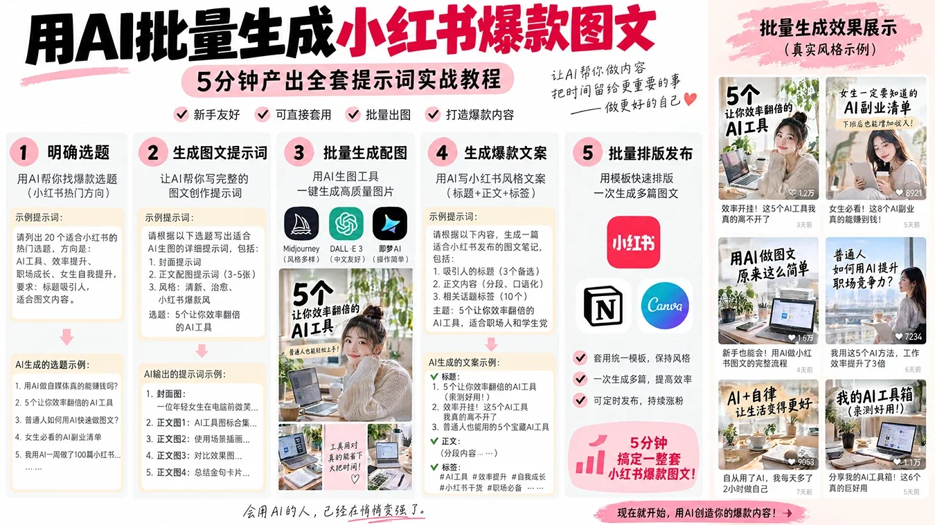 用AI批量生成小红书爆款图文：5分钟产出全套提示词实战教程淡泊智库 - 淡泊明志 智研致远 | 专注大模型实战 - 提示词库与AI工具导航淡泊智库 - 专注大模型实战教程、AI提示词库与工具聚合导航 | DanBo.cc