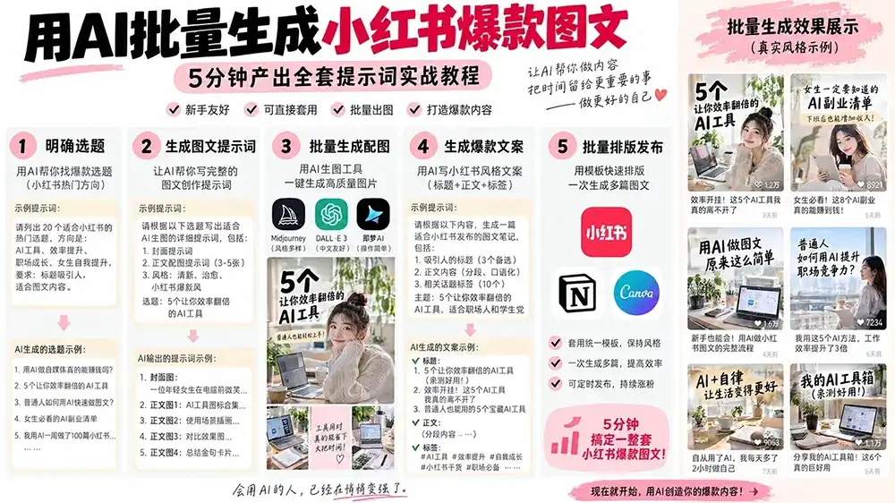用AI批量生成小红书爆款图文：5分钟产出全套提示词实战教程淡泊智库 - 淡泊明志 智研致远 | 专注大模型实战 - 提示词库与AI工具导航淡泊智库