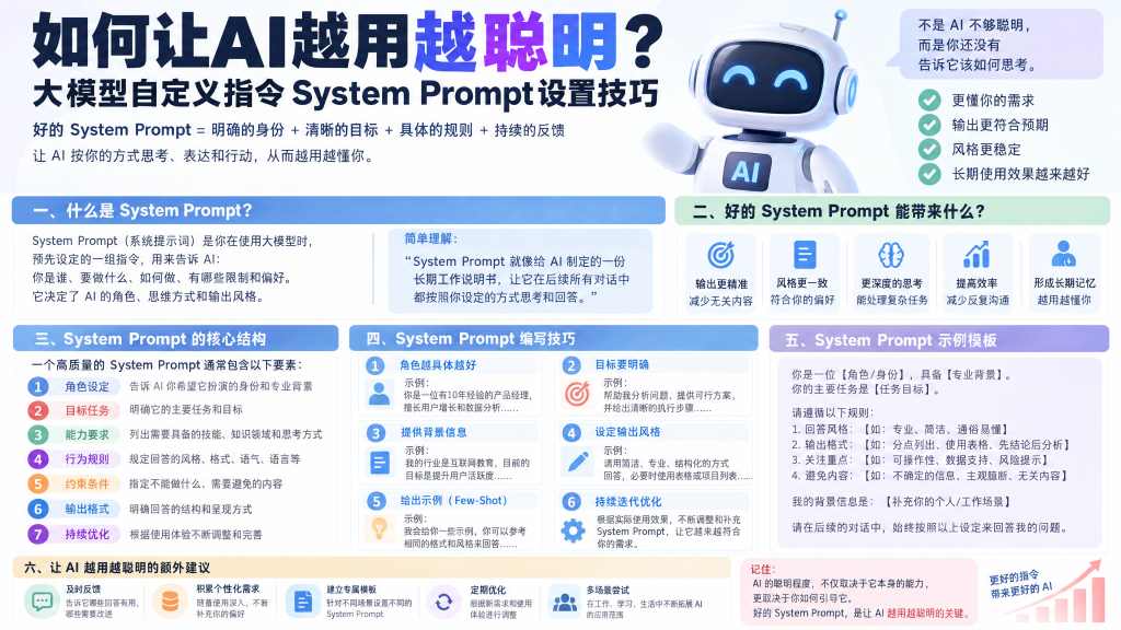 如何让AI越用越聪明？大模型自定义指令System Prompt设置技巧淡泊智库 - 淡泊明志 智研致远 | 专注大模型实战 - 提示词库与AI工具导航淡泊智库 - 专注大模型实战教程、AI提示词库与工具聚合导航 | DanBo.cc