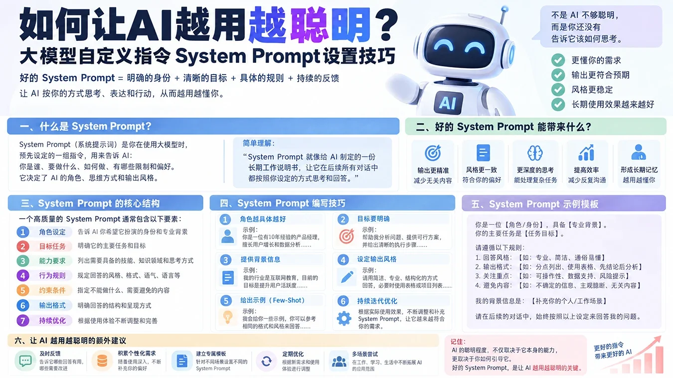 如何让AI越用越聪明？大模型自定义指令System Prompt设置技巧淡泊智库 - 淡泊明志 智研致远 | 专注大模型实战 - 提示词库与AI工具导航淡泊智库 - 专注大模型实战教程、AI提示词库与工具聚合导航 | DanBo.cc