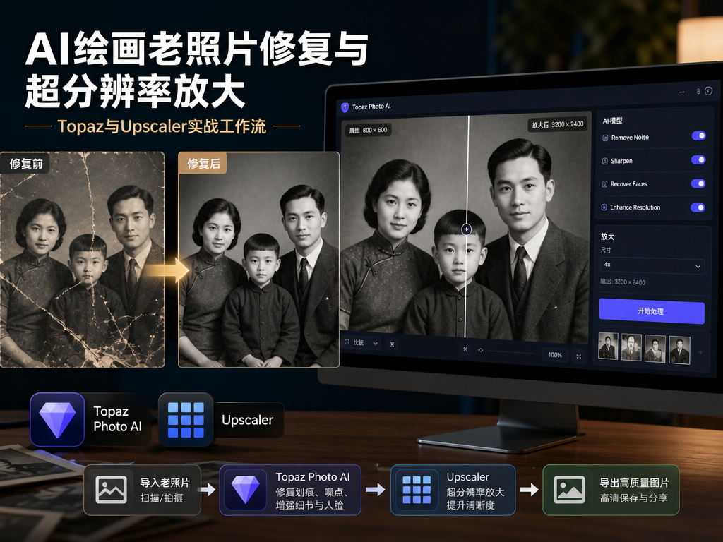 AI绘画老照片修复与超分辨率放大：Topaz与Upscaler实战工作流淡泊智库 - 淡泊明志 智研致远 | 专注大模型实战 - 提示词库与AI工具导航淡泊智库
